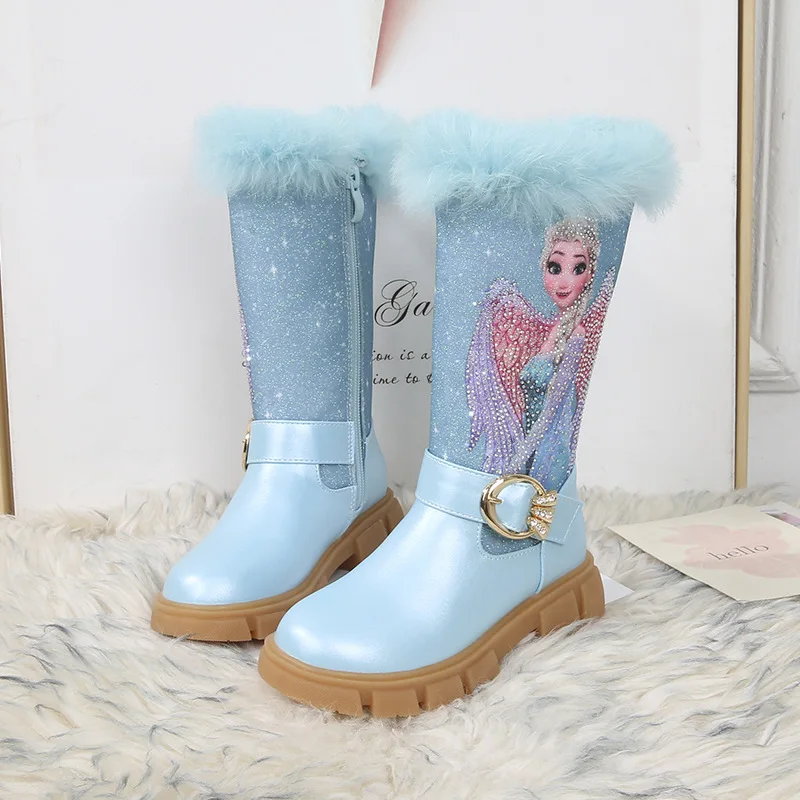 New Arrival Winter Fancy Kids Boots for Girls Princess Elsa Inspired Rubber Insole Fleece-Lined Leather Boots High-Ankle