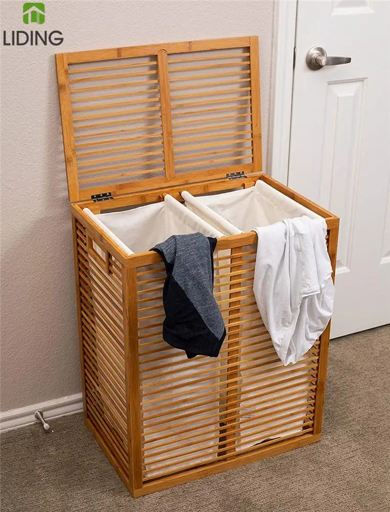 Bamboo Laundry Hamper with Lid and Removable Liners Wooden Foldable Hamper Baby Dirty Clothes Bin Sorter Basket