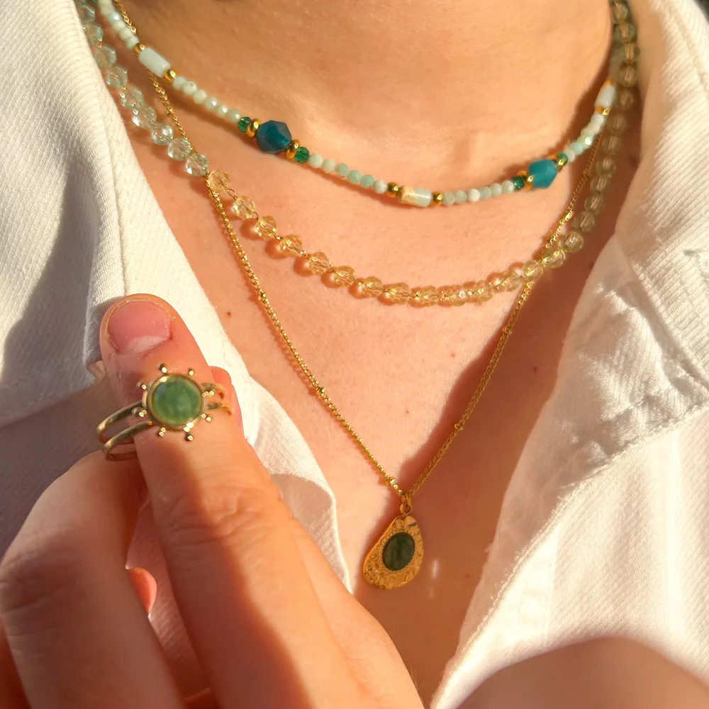 Yoga Energy African Jade Beads Choker Necklace Stainless Steel Link Chain White Crystal Natural Stone Pendant Necklace