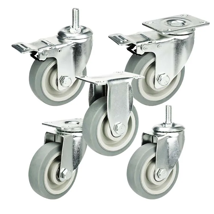Gray 3/4/5 inch tpr rigid swivel castor threaded stem double ball bearing caster wheel for aluminum profile