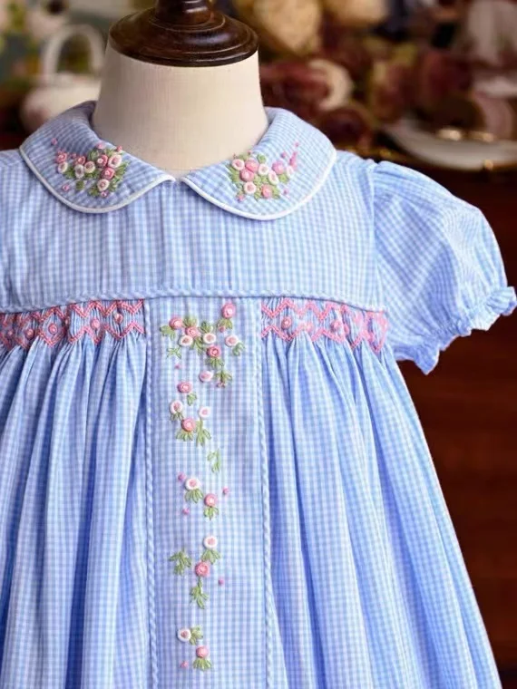 Organic Cotton Embroidery 2-12 Children Clothing Short Sleeve Skirt Plaid Pattern Princess Summer Kids Flower Girl Dresses