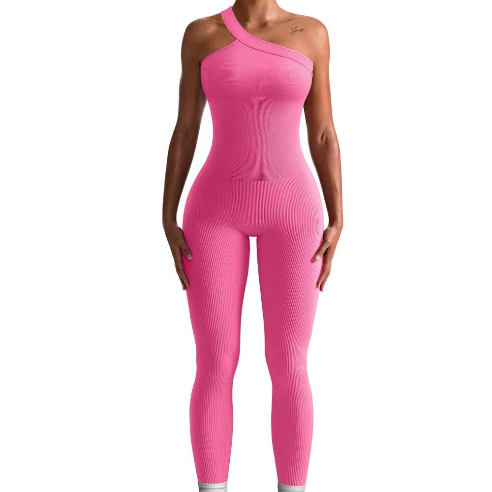 Factory Wholesale Woman Long Seamless One Shoulder Ribbed Sport Yoga Gym Jumpsuits