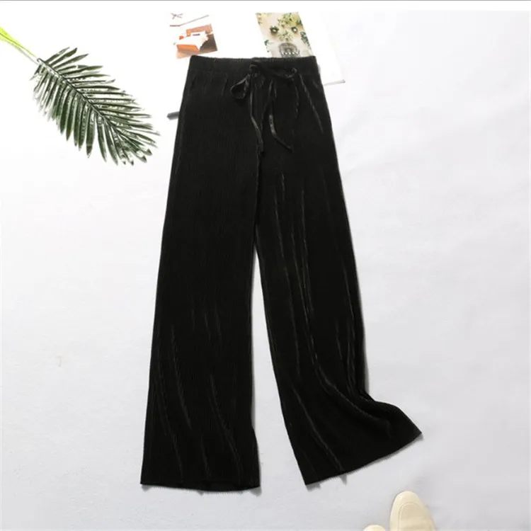 Factory wholesale high waist loose fit Solid Color Womens stretchy pleated Pants  Elastic Waist Women Trousers for summer