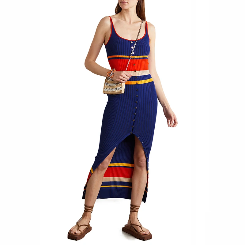 Платье миди с открытыми плечами в радужную полоску, из смесового хлопка