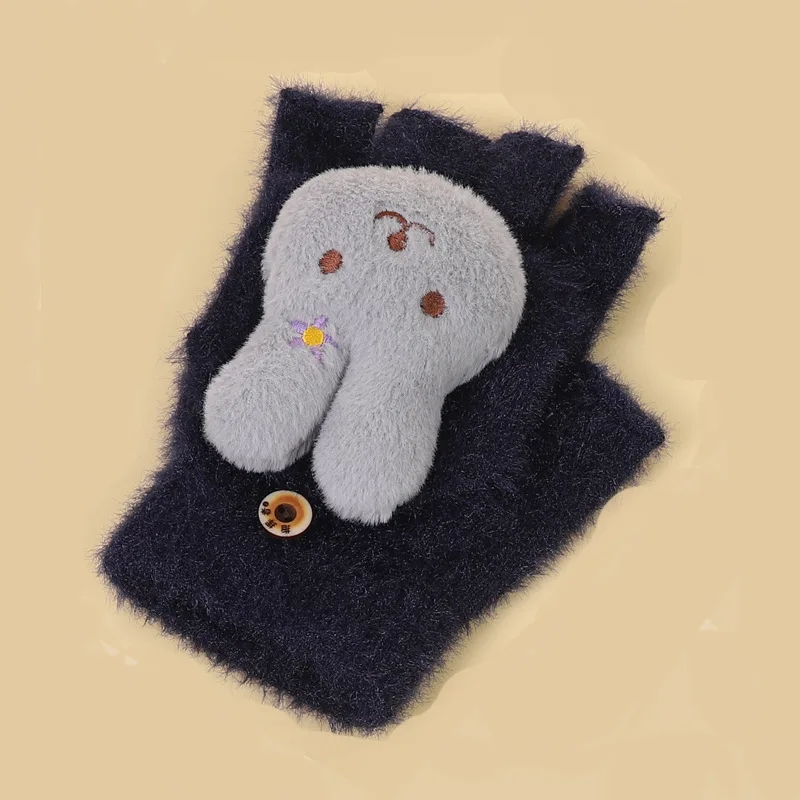 New winter cashmere half-finger flip-up gloves 2024 cartoon cute student warm thickened knitted gloves for men