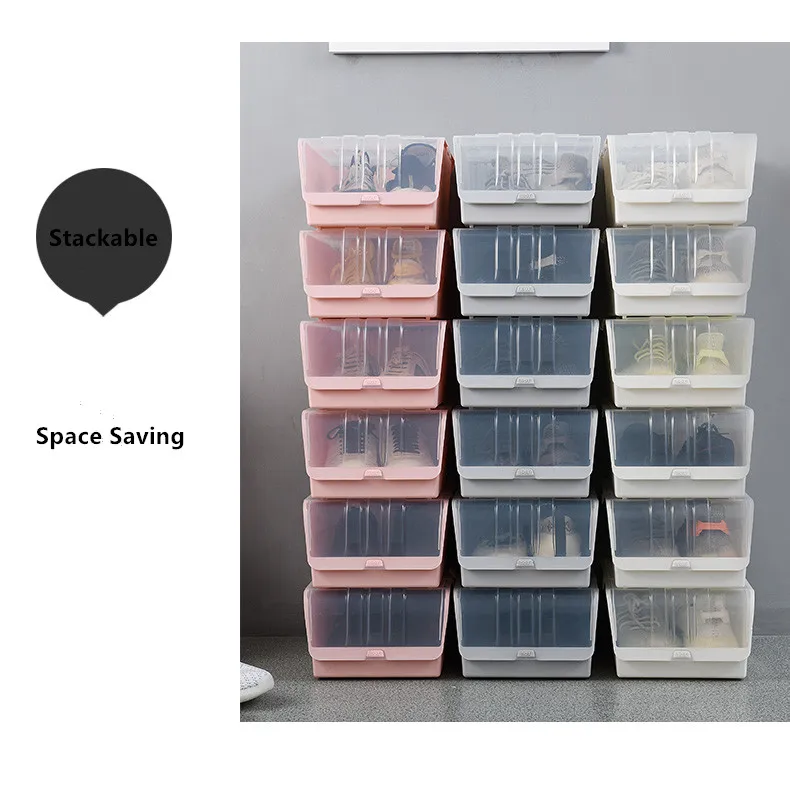 transparent stackable plastic shoe box shoe storage with flip lid