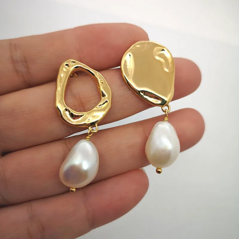 Aimgal jewelry Baroque fresh water pearl earrings for women fashion temperament vacuum plating asymmetrical earrings for women