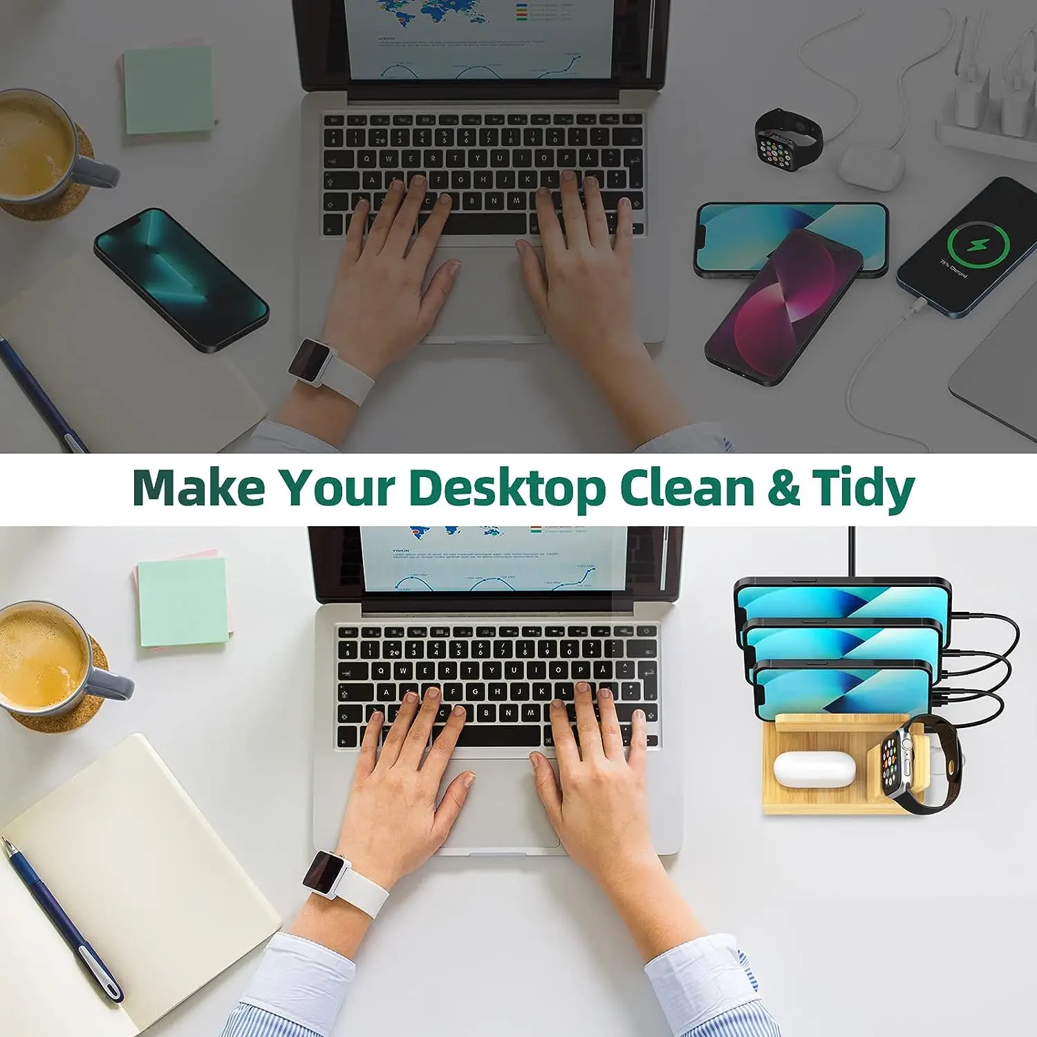 wood phone docking station Bamboo Charging Station Organizer, Fast Charging Station Wood Charging Dock