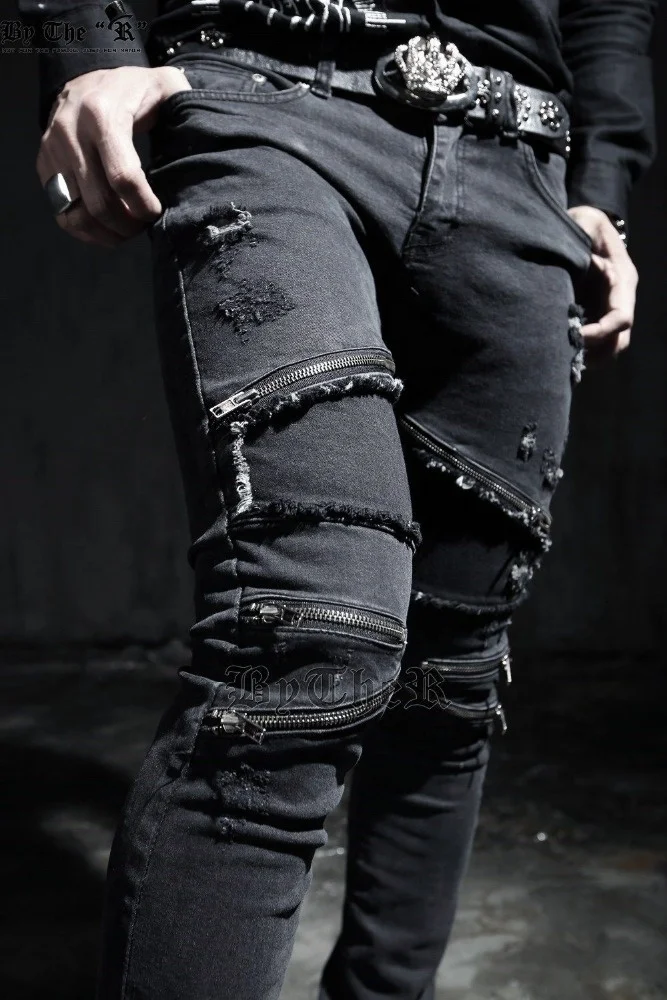 OEM high quality Zipper Vintage Skinny Pants Biker Chic Black moto carbon black jeans 072