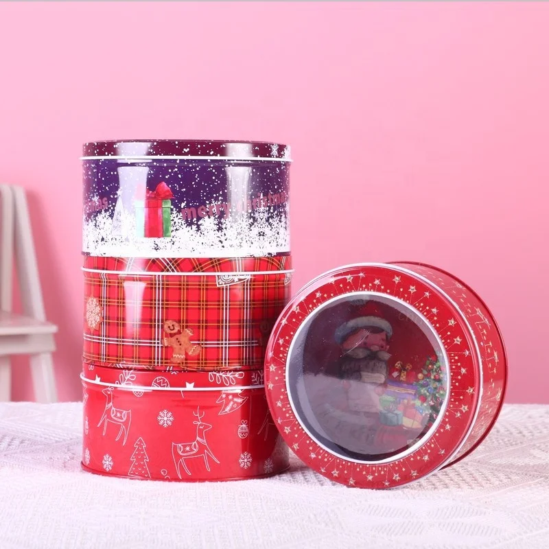 XJH Christmas Tins with Window Cans Cookie Box Santa Gifts Box Round Cake Tin Box Christmas Tin for Gift Candy Cookie Package