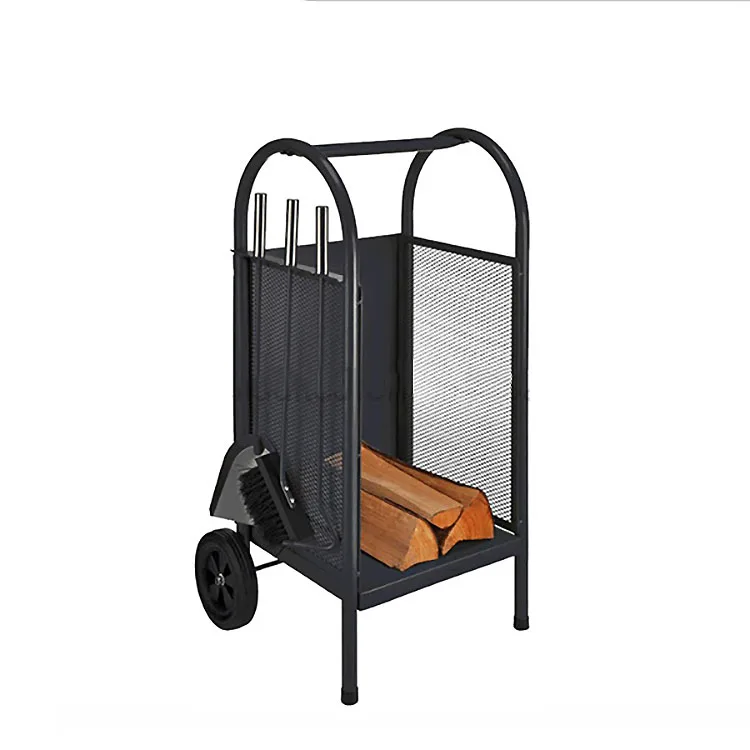Firewood Log Rack with Wheels, Firewood Log Cart with 3 Tools Fireplace Log Carriers Holders Black Wrought Iron Fireplace Tool