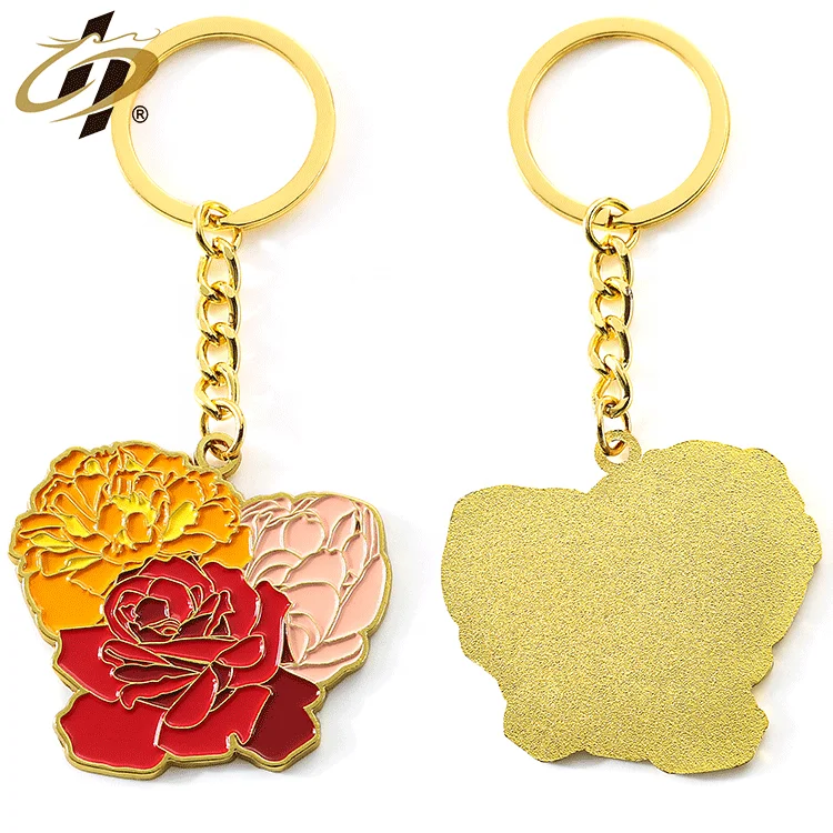 New selected factory quality gold plated soft enamel keyring custom cute flower metal keychains with logo