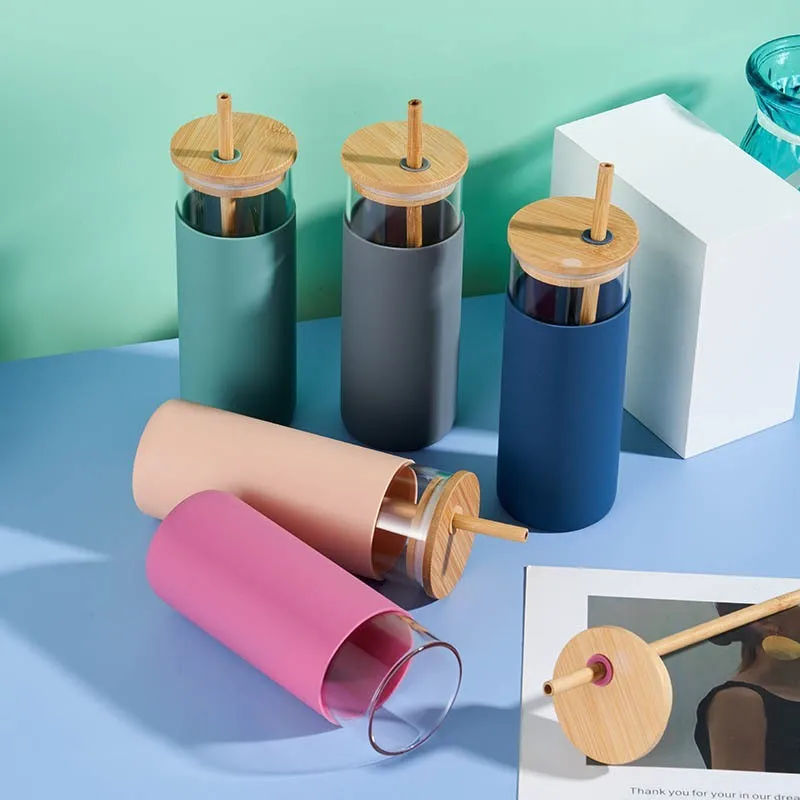 Hot Selling Multicolor Glass Cup Glass Water Bottle Straw Silicone Protective Cover Bamboo Cap Bottle