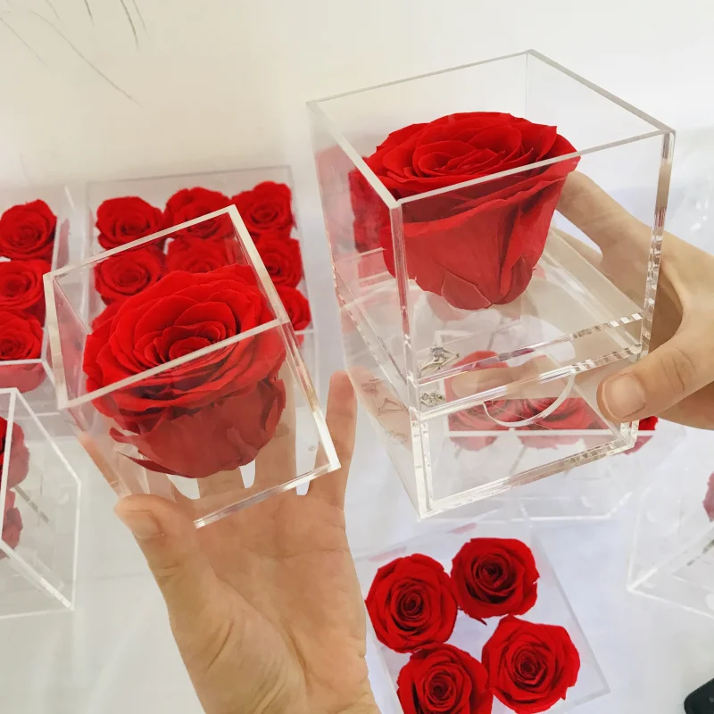 Customized Logo Decoration Flower Acrylic Box Diy Everlasting Natural Forever Long Lasting Immortal Preserved Roses Flower