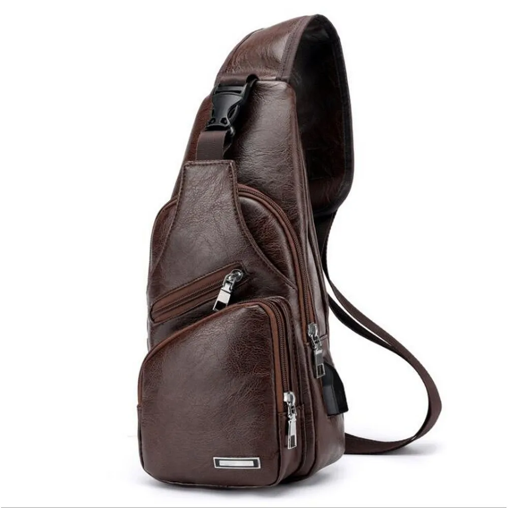 Mens Pu Leather Chest Bag Travel Intelligent Charge Sling Backpack Casual Carrying Usb Charger Crossbody Messenger Shoulder Bag