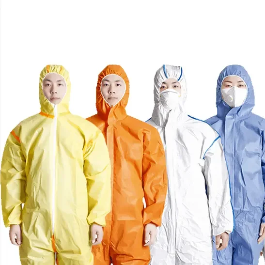 Disposable type 5 and 6 one-piece suit with cap and microporous lamination SMS 65-55gsm white blue work clothes