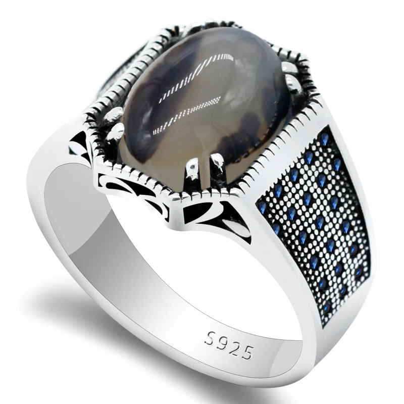 Natural Stone Ring in Real 925 Sterling Silver Agate Stone with Blue Zircon Antique Ring for Men Women