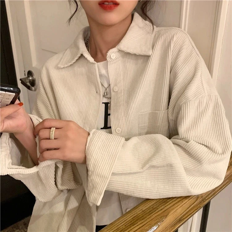Autumn Korean Style Corduroy Shirt Women Casual Oversized Kawaii Harajuku Long Sleeve White Chic Blouse Female Student