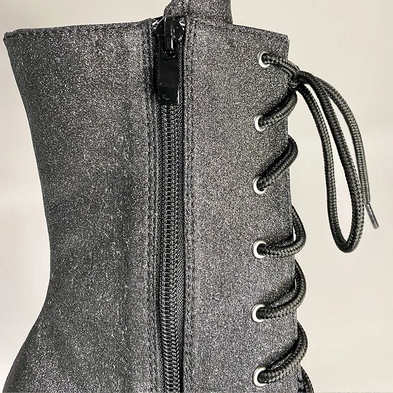 OEM/ODM glitter pole dance transparent stiletto 6 inch platform leather shoes women lace up boot with see through platform