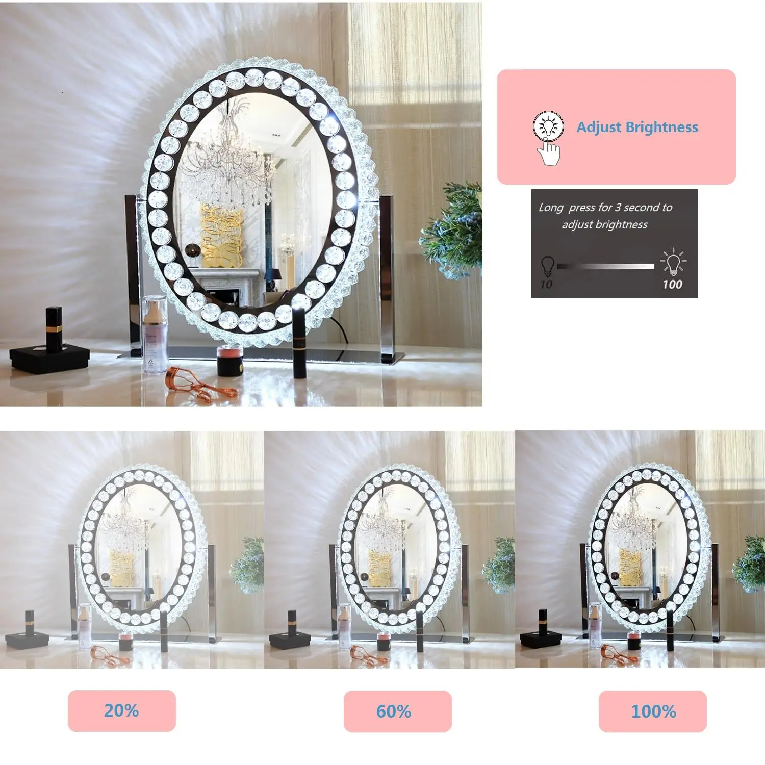 Factory Wholesale Diamond Luxury Hollywood Style Crystal Crushed LED Light illuminated Round Makeup Vanity Mirror