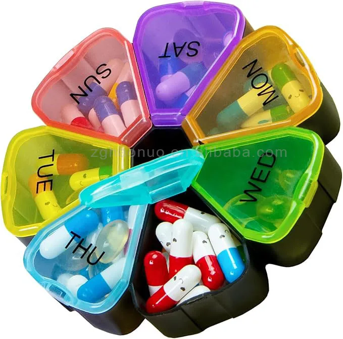 hot sale premium black flower petals pill organizer weekly travel  pill medicine box 7 days grids compartments pill storage box