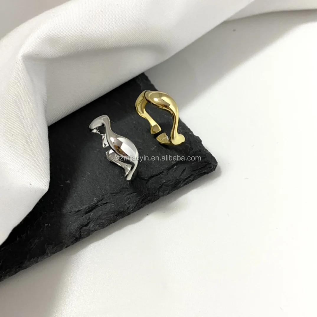 2022 Fashion S925 Sterling Silver Jewelry 18K Gold Plated Chunky Minimalist Wave Open Adjustable Band Ring for Women