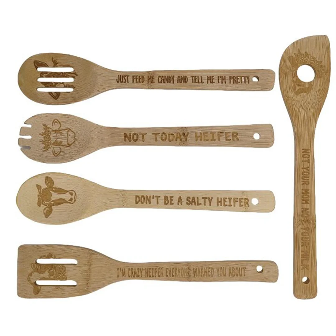 Bamboo Kitchen Spatula Set Spoon Sets Cooking Serving Utensils Gadgets