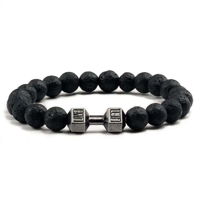 New Style 8mm Black Frosted Volcanic Lava Stone Sports Dumbbell Beaded Bracelets for Men & Women Fashion Jewelry Dumbbell Bangle