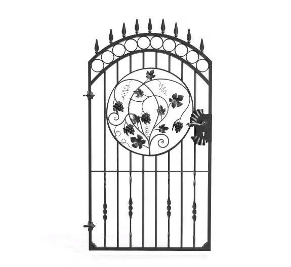 Tall wrought lron gate with lock and decorative panel