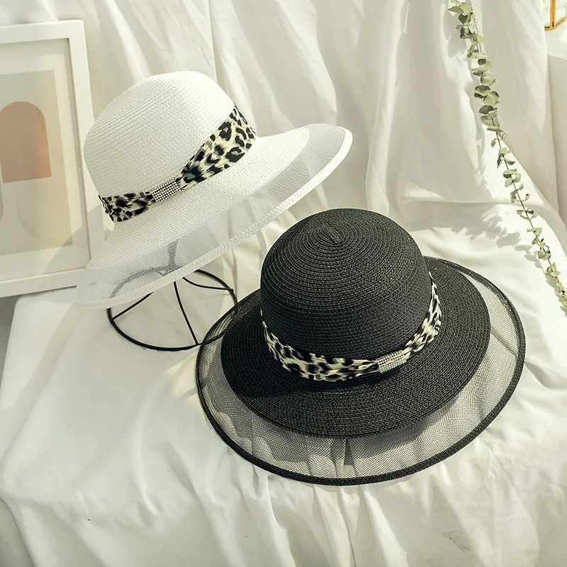 New Arrival Summer and Autumn High Quality Beach Leopard Ribbon Straw Sun Hats