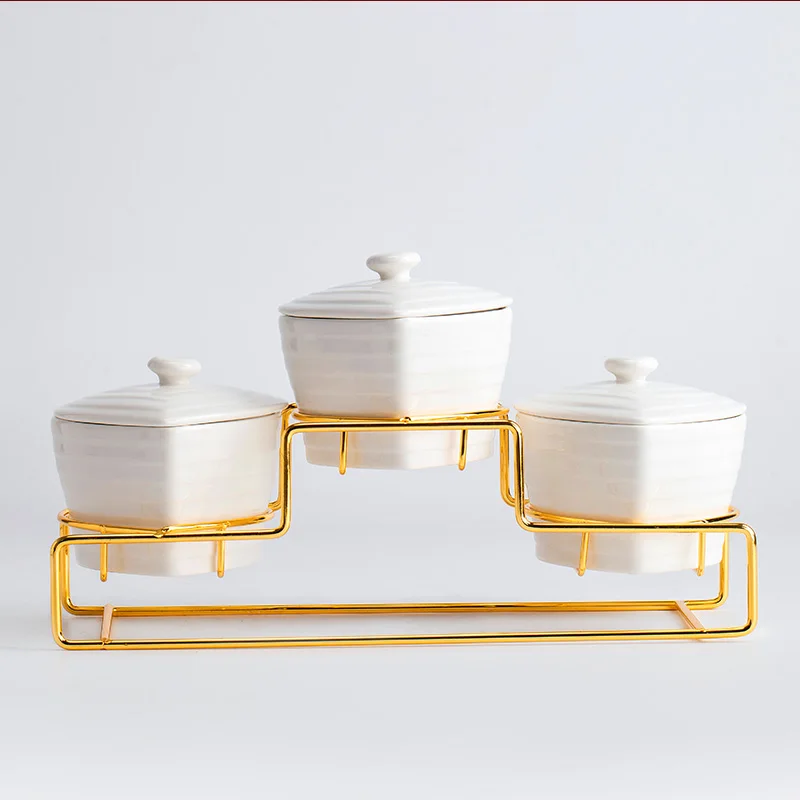 250 ml DIY 3 Pack Condiment Dispenser Spice Jar Square Sugar Bowl Porcelain Condiment Jar with Metal Stand