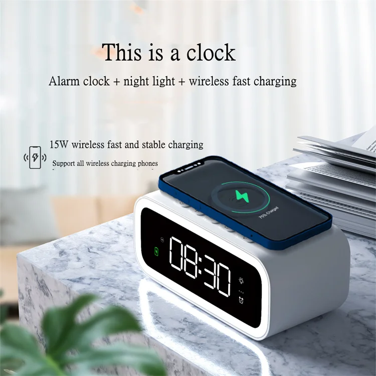 desk table led lamp with digital alarm clock cute portable mood lamp 15W alarm clock wireless charger for phone