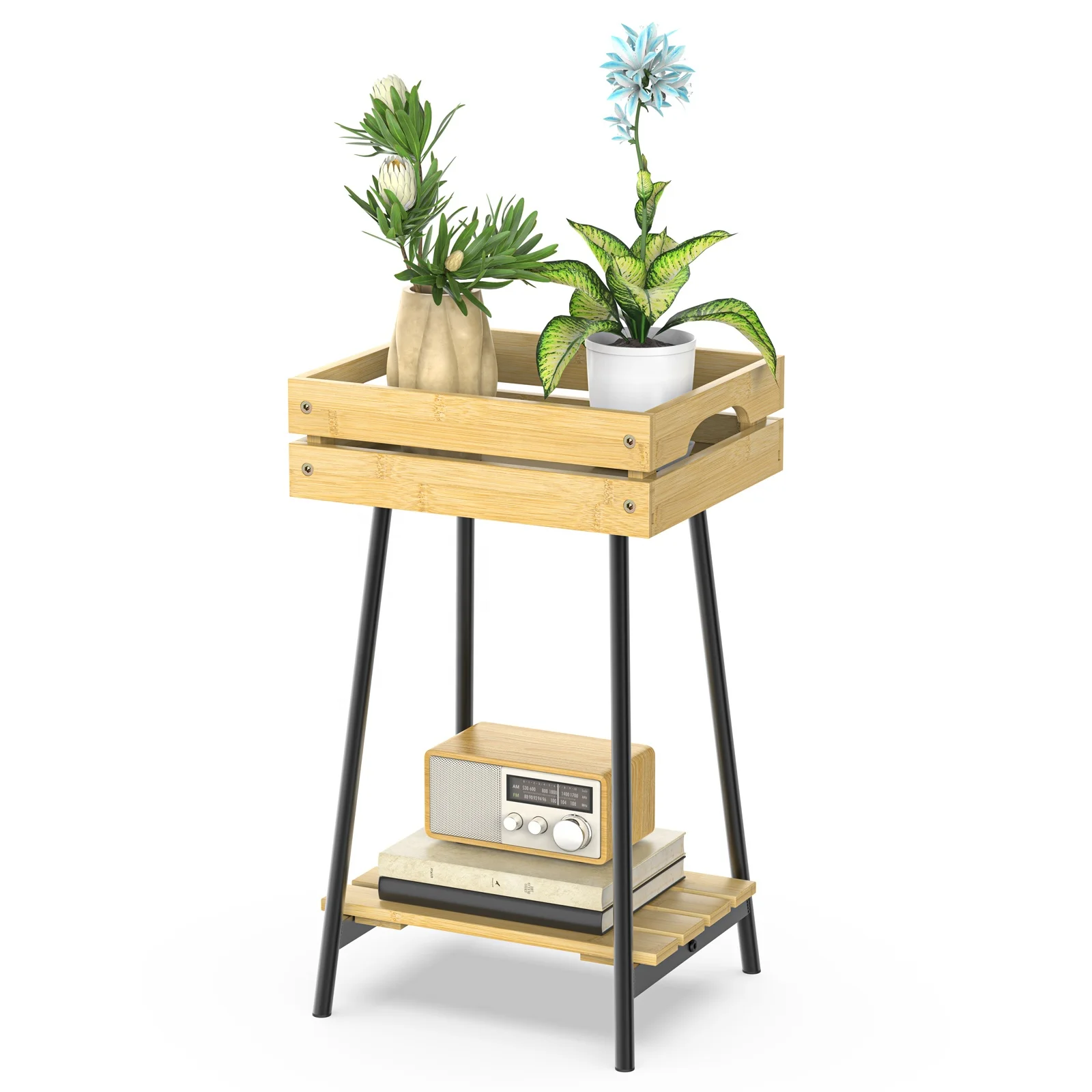 Metal Shelf Bamboo Planter Boxes Small Wooden Bamboo Raised Garden Bed Planter Boxes Shelf With Metal Frame For Outdoor Balcony