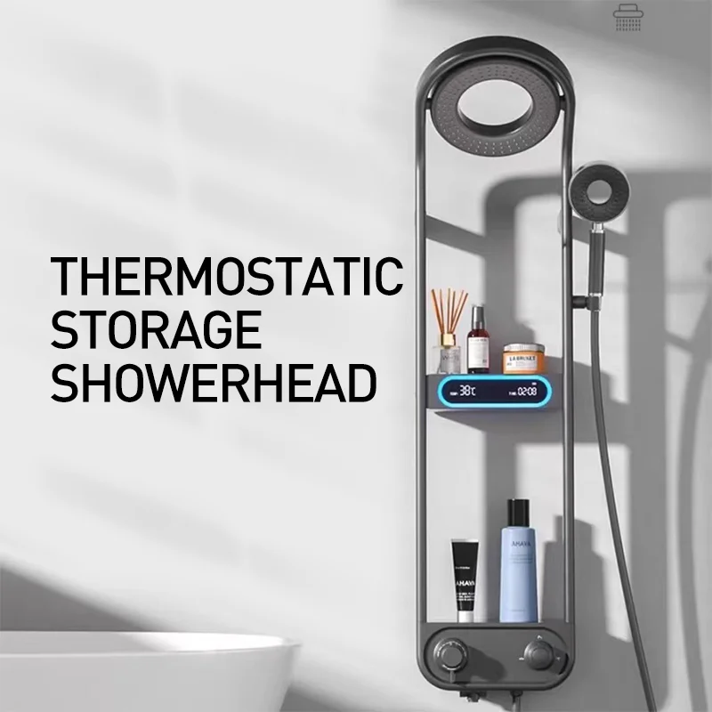 Luxury Smart Shower System Bathroom Wall-Mounted 360 Degree Shower Panel Head Black Brass Rain Effect Thermostatic Shower Set