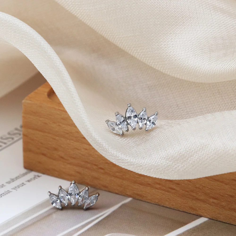 Chris April in stock silver 316L stainless steel marquise zircons crown shape stud earrings