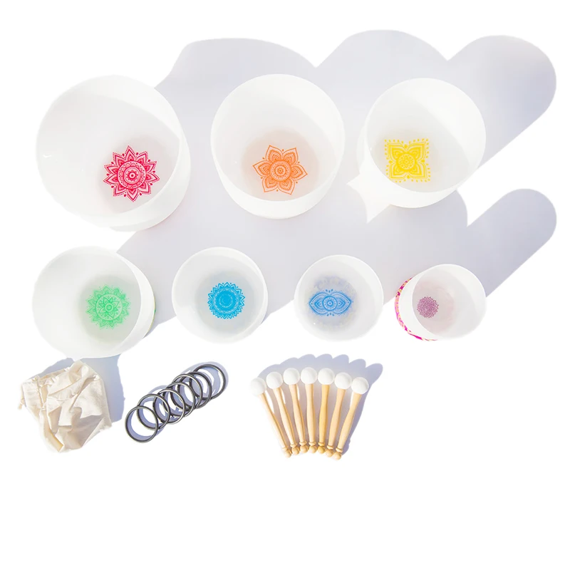 6-12inch Chakra Singing Bowl Set Sound Healing Healthy Free Mallets and O Rings Frosted Crystal Singing Bowls