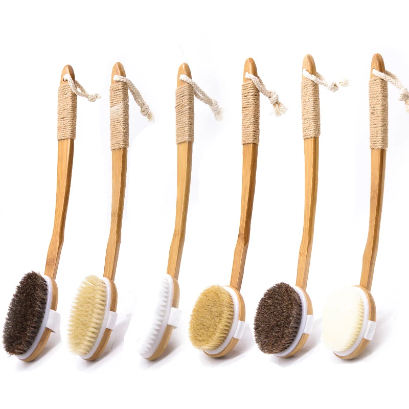 eco-friendly wooden long handle bath massage brush for shower with soft boar bristle exfoliating body brush factory wholesale