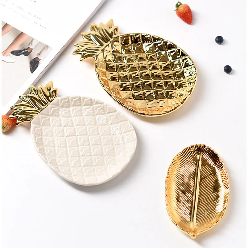 Wedding decorative handmade gold pineapple shaped plate ring earrings necklace organizer ceramic jewelry tray dishes