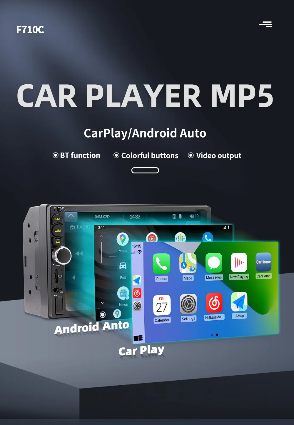 F710C Ready To Ship 7inch 2 DIN Universal HD Touch Screen Carplay Radio Car Audio Player Hade Unit Car Multimedia Player
