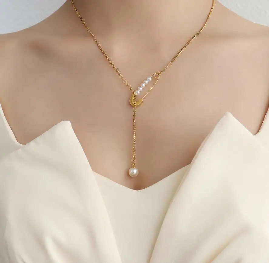 French paperclip collier femme 18K gold imitation pearl necklace stainless steel long necklace with pearl for women