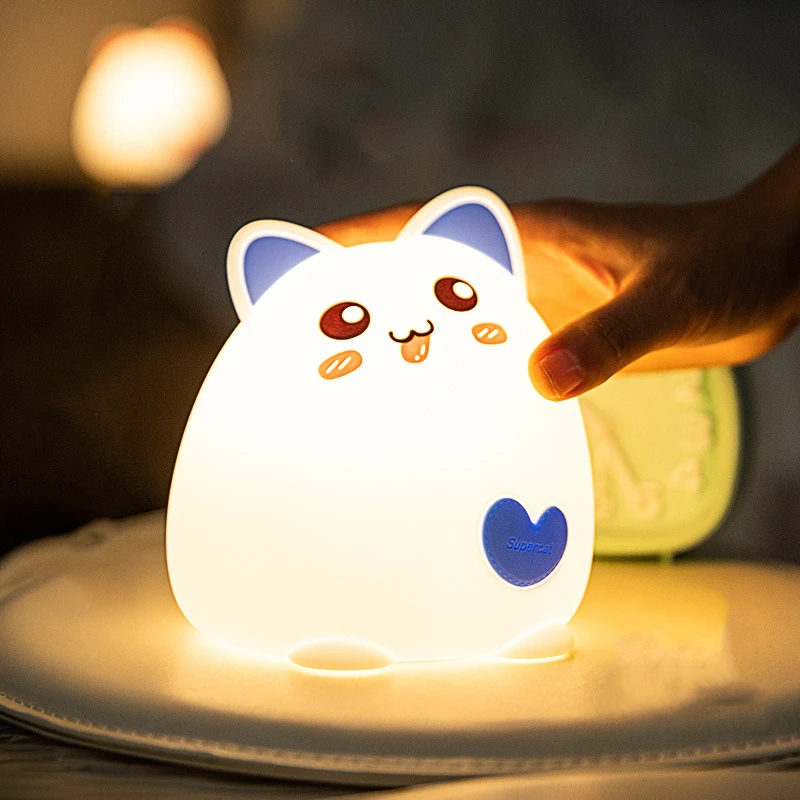 Cat Shaped Night Light Soft Silicone Touch Sensor Bedside Lamp 7 Color Changing Cute Portable Bedrooms Living Rooms Night Light