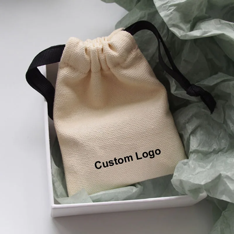 Custom Small Cotton Canvas Drawstring Jewellery Pouch Bag With Logo Print
