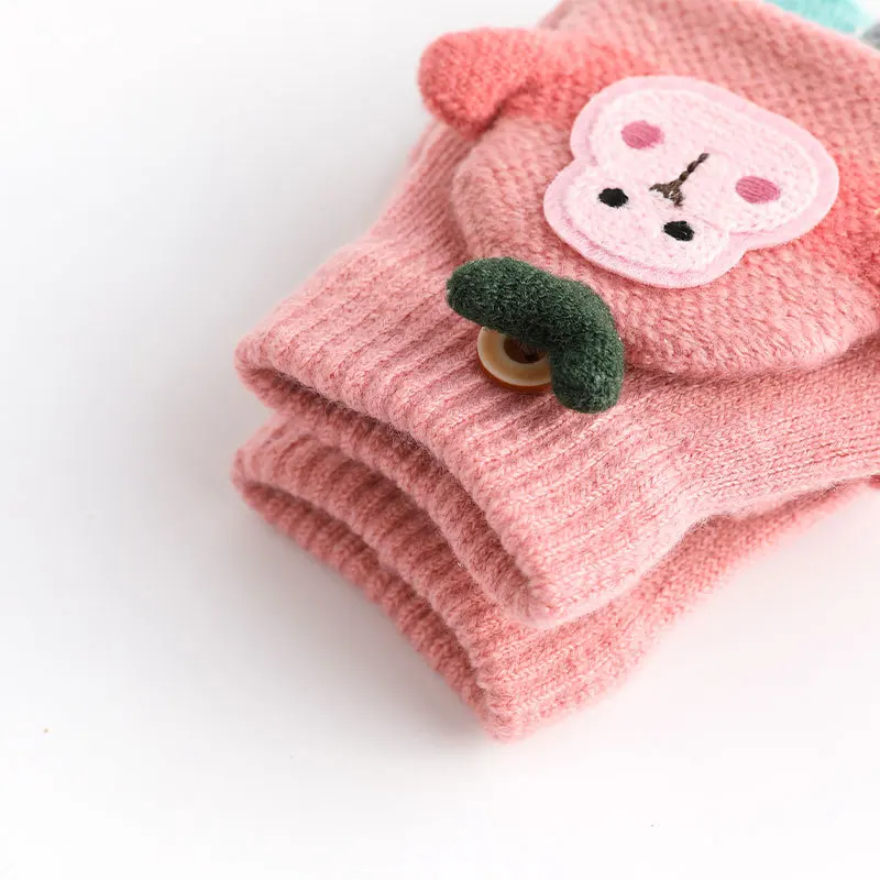 Kids Knitted Flip Cover Half Finger Gloves Cute Winter Warm Fingerless Cozy  Gloves for 2-6Y Children