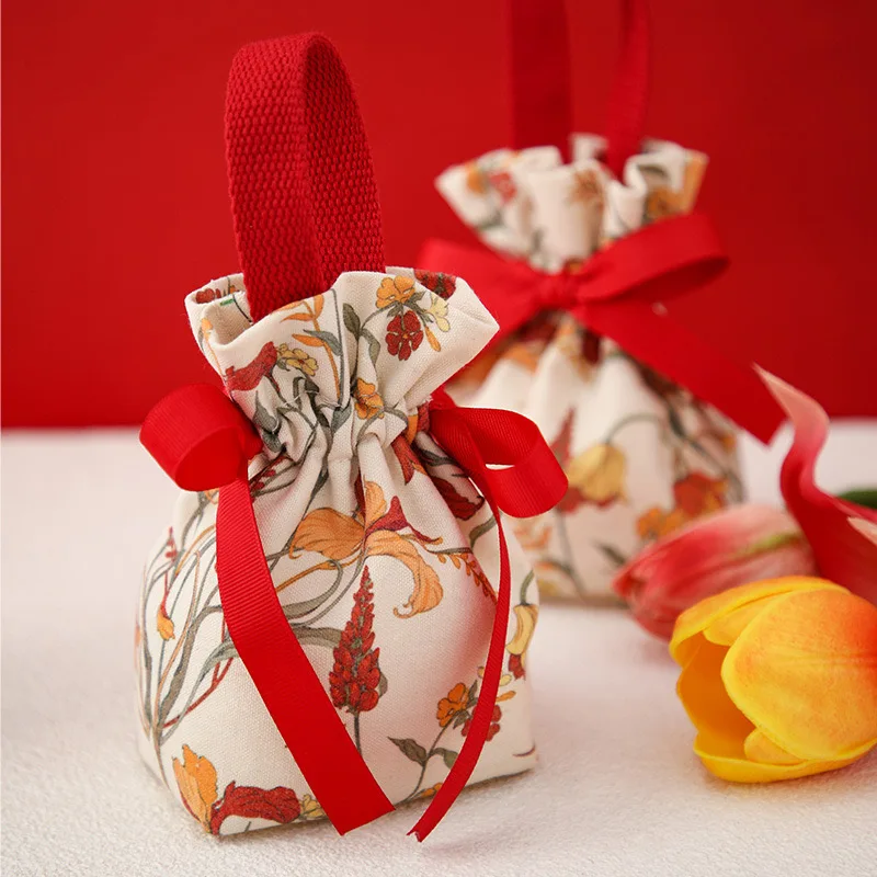 Flower Printed Pouch New Design Wedding Candy Bags Drawstring Pouch Candy Canvas Sachet Gift Bags