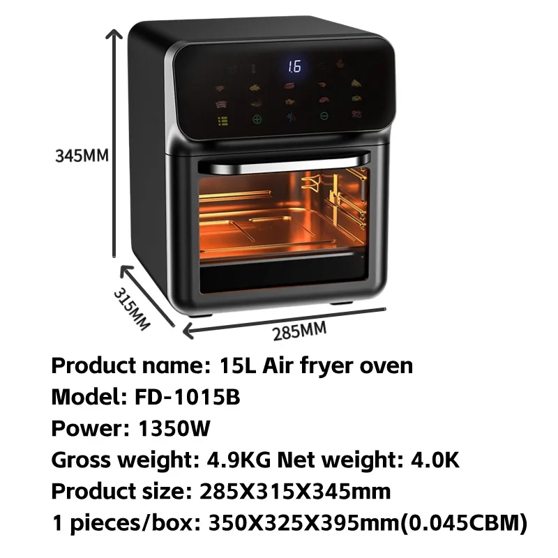 15L Stainless Steel Air Fryer Toaster Oven Small Kitchen Appliances Built-in Digital Air Fryer Oven With Visible Window