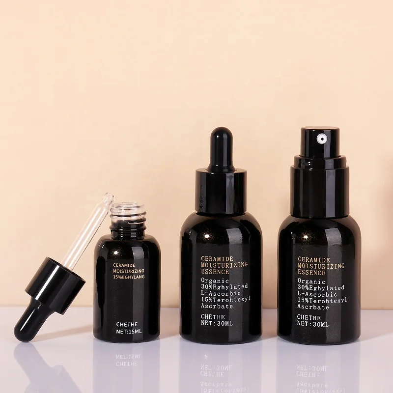 15ml 30ml Wholesale Cylinder Thick Bottom Black Cosmetic Glass Bottle With Plastic Dropper Lotion Pump For Essence Oil Package