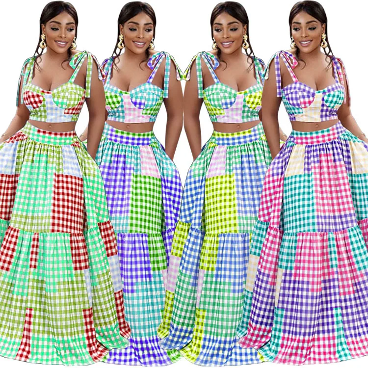 Caiheng Women Plaid Print Sleeveless Crop Suspender Top With Pleated Maxi Skirt Two Piece Set