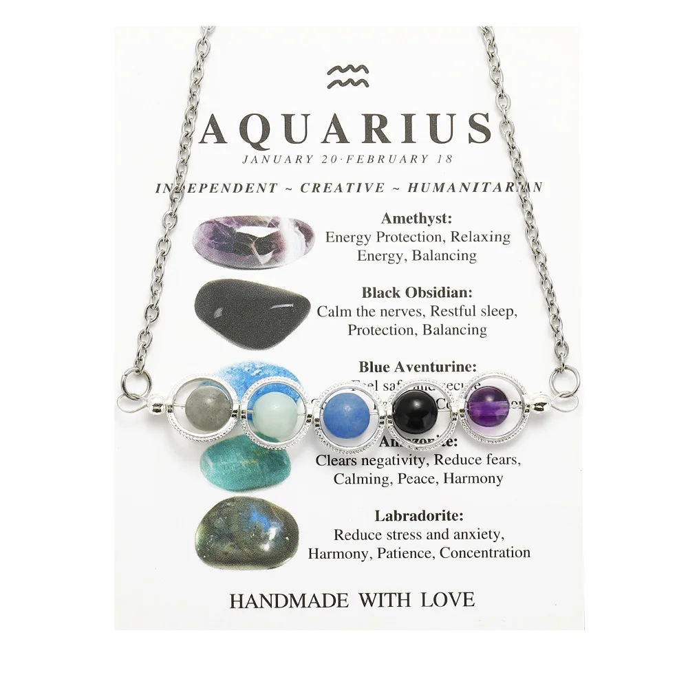 New Colorful Astrology 12 Zodiac Sign Necklace Birthstone Jewelry Stainless Steel Chains Rotating Natural Stone Beaded Necklace