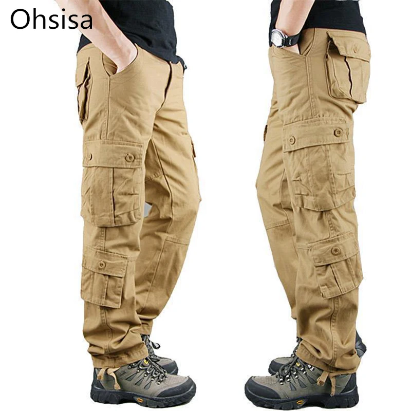 New Fashion Men Cotton Pockets Overalls Zipper Straight Trousers Multi-pocket Plus Size Loose Casual Long Work Pants