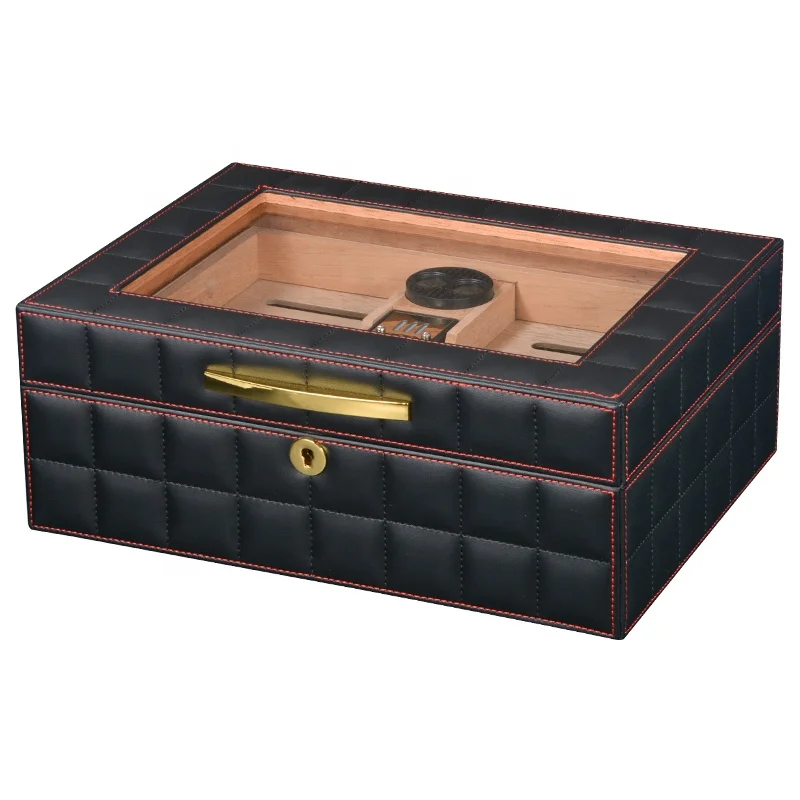 Black PU Leather Wooden Cigar Box Empty Humidor Wood Cigar Boxes Wholesale